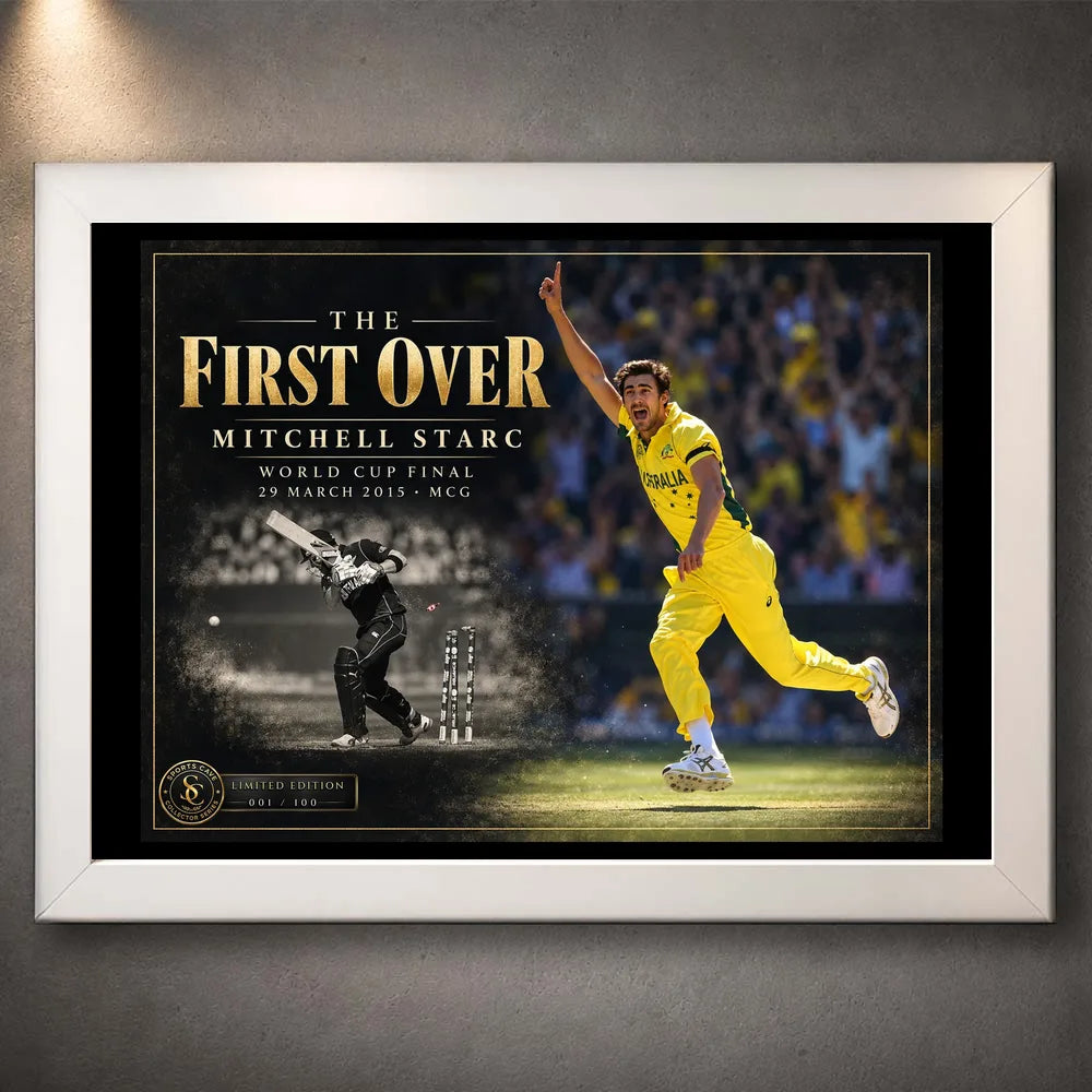 Mitchell Starc The First Over cricket wall art in a white frame, featuring Starc in Australia's yellow uniform.