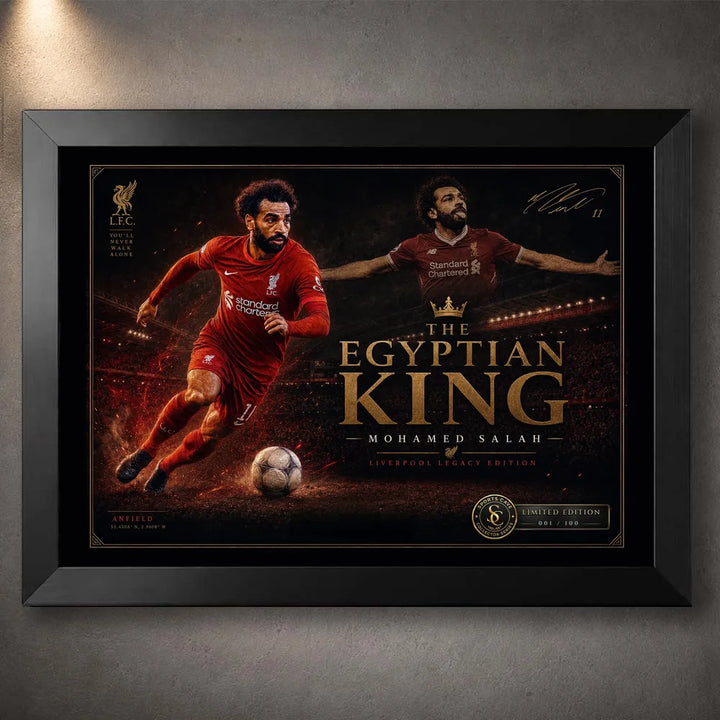 Mohamed Salah wall art in a black frame, featuring The Egyptian King design with red Anfield-inspired energy.