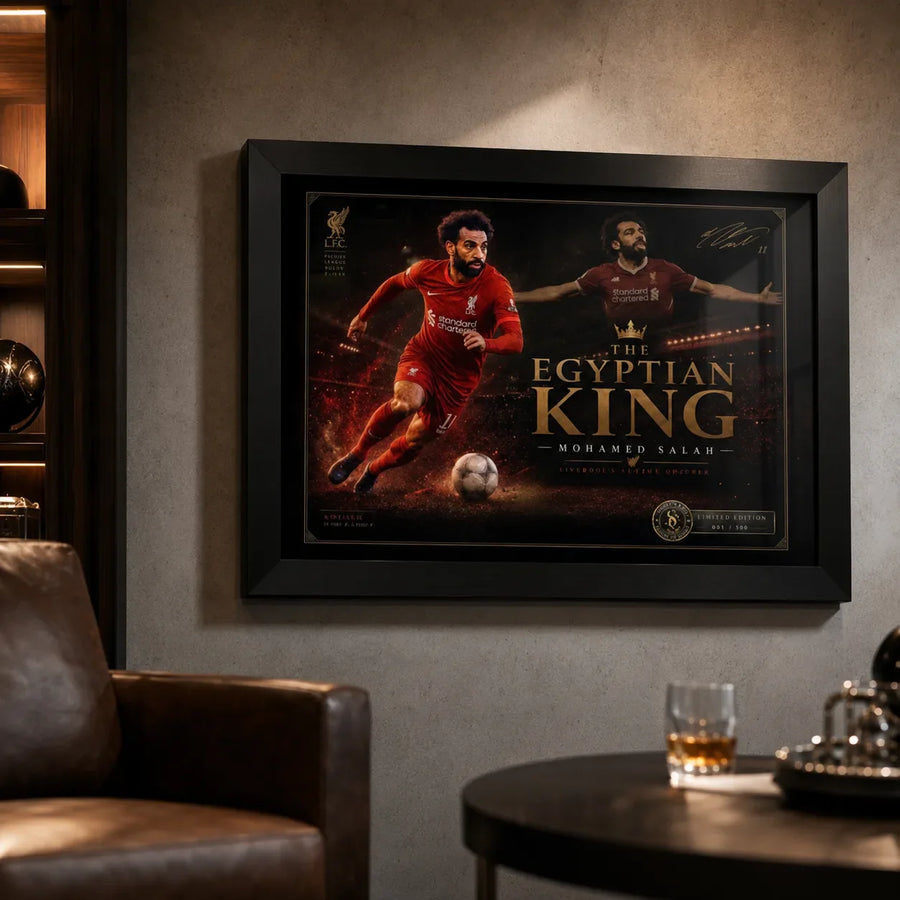 Mohamed Salah framed soccer wall art hanging in a masculine man cave with concrete texture and warm shelf lighting.