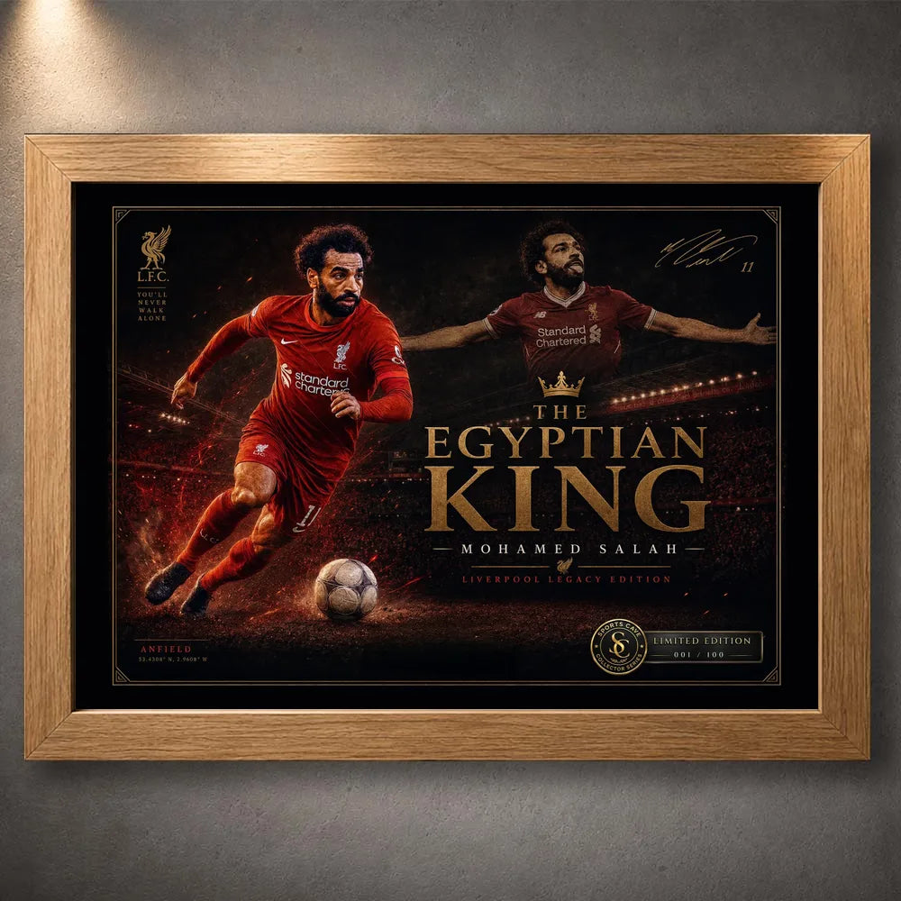 Mohamed Salah wall art in an oak frame, showing the Liverpool Legacy Edition design against a textured grey wall.