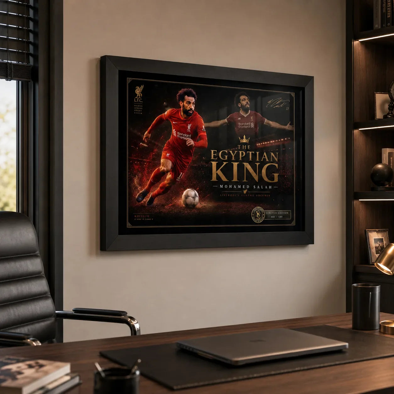 Black framed Mohamed Salah football art displayed in a refined home office with timber desk and warm built-in shelves.