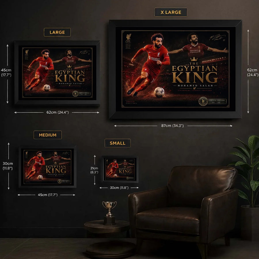 Mohamed Salah wall art size guide showing small, medium, large and XL framed options with metric and inch dimensions.