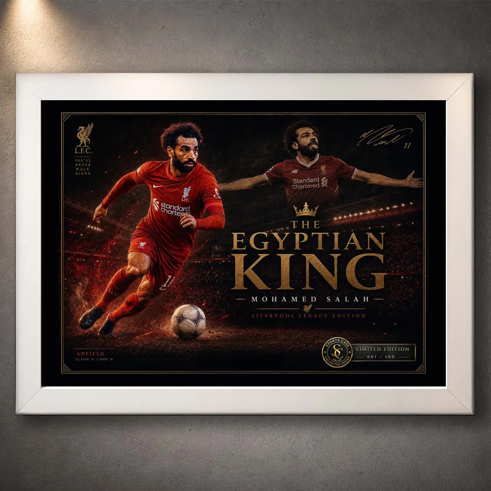 Mohamed Salah wall art in a white frame, featuring The Egyptian King design against a textured grey wall.
