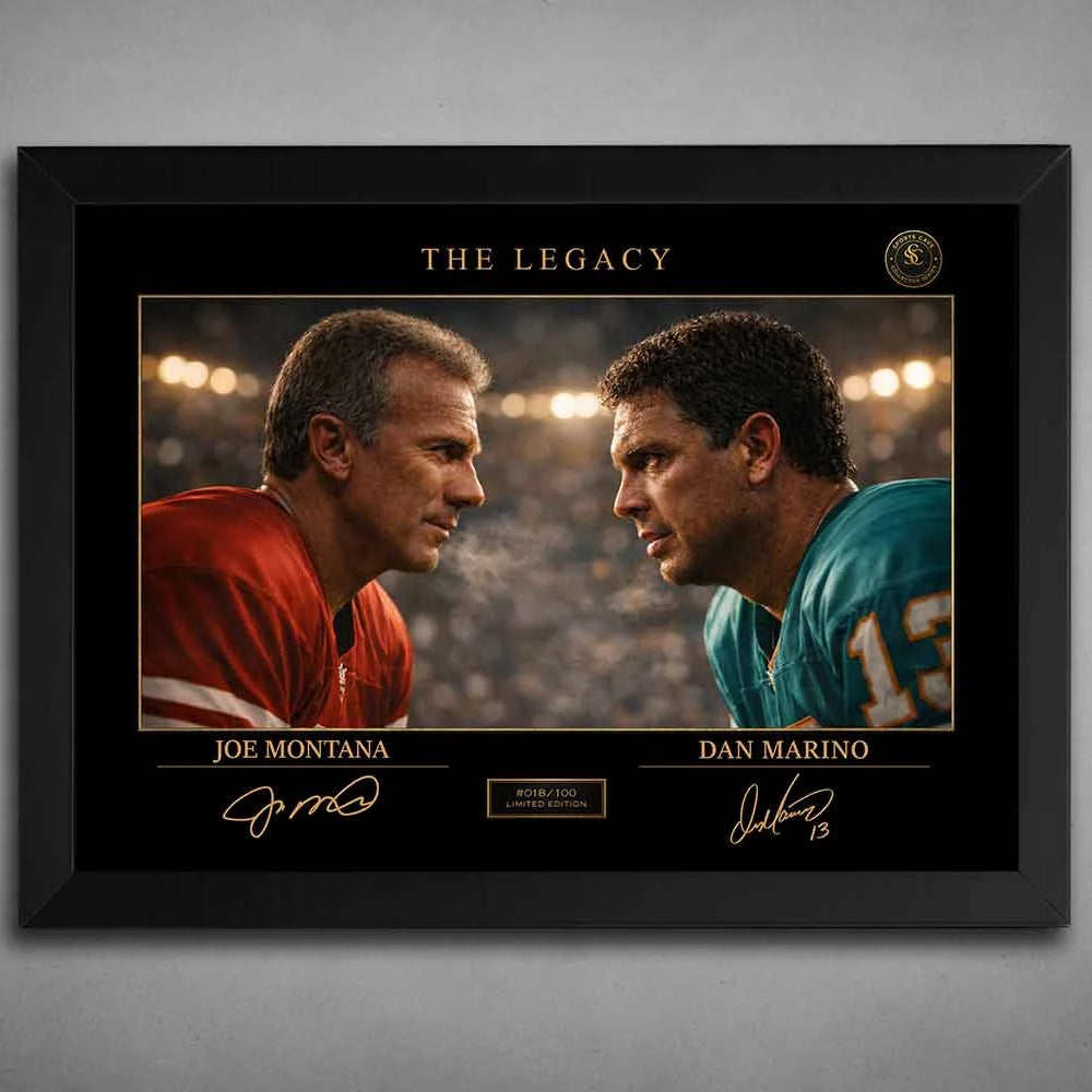 Joe Montana vs Dan Marino The Legacy artwork in black frame, premium sports collectibles capturing iconic NFL quarterback rivalry