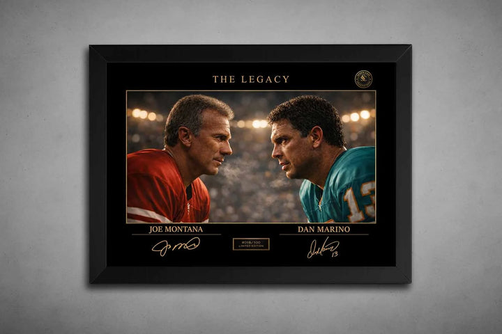 Joe Montana vs Dan Marino The Legacy artwork in black frame, premium sports collectibles capturing iconic NFL quarterback rivalry