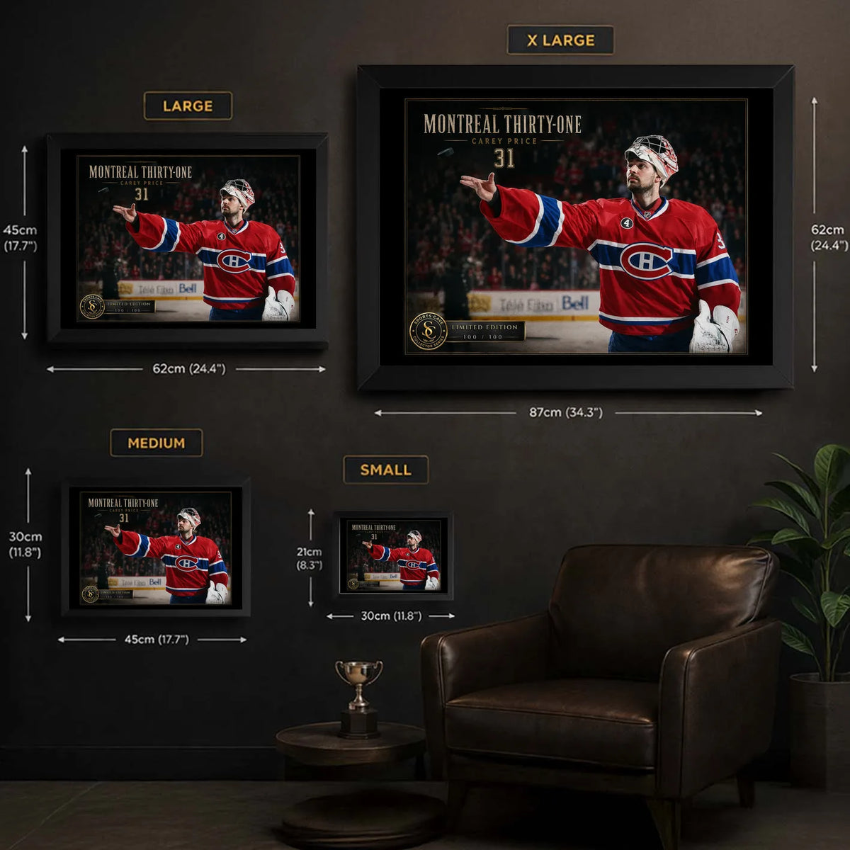 Carey Price wall art size guide showing Small, Medium, Large and X Large framed dimensions in centimetres and inches.