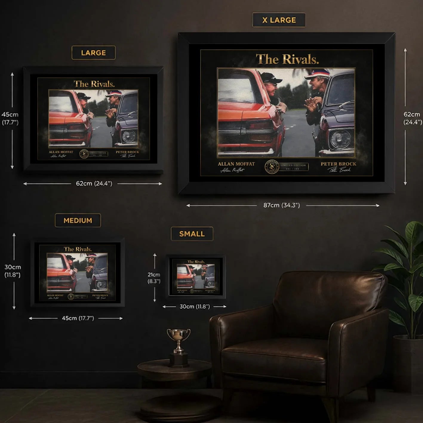 Framed motorsport rivalry wall art size guide showing Small, Medium, Large and X Large options