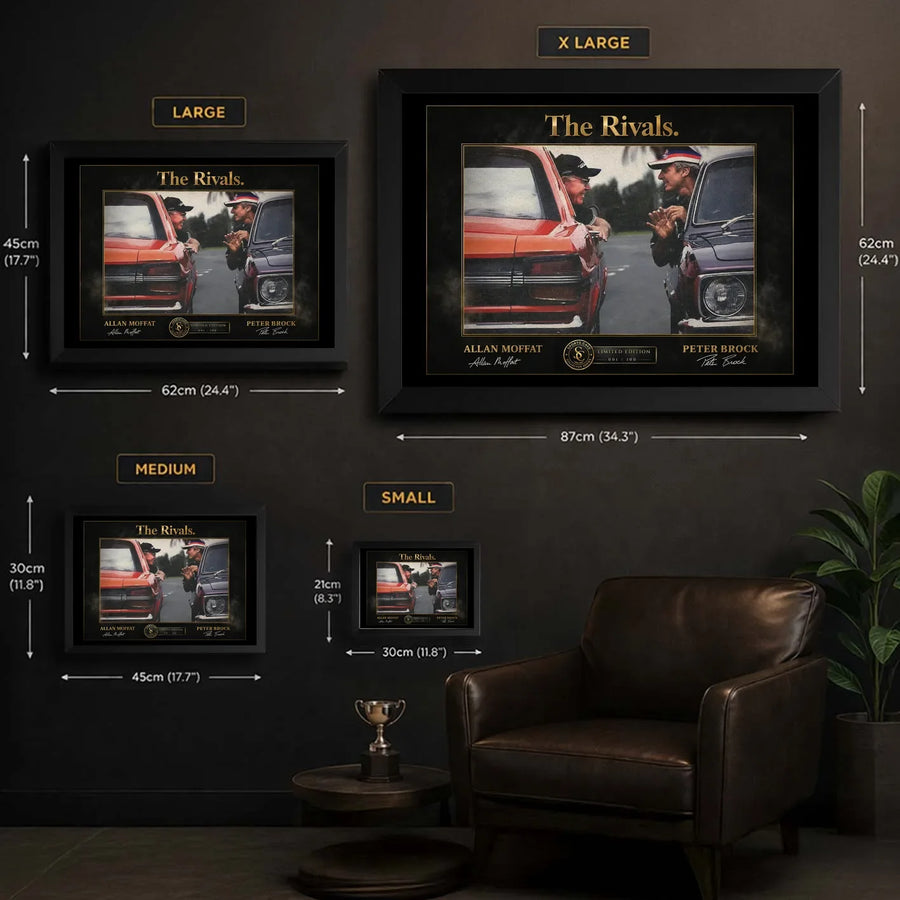 Framed motorsport rivalry wall art size guide showing Small, Medium, Large and X Large options