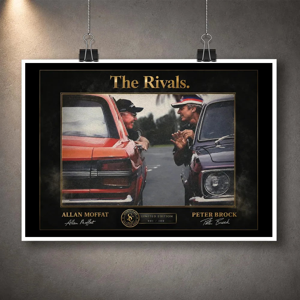 Motorsport rivalry wall art unframed print hanging with clips on a textured wall
