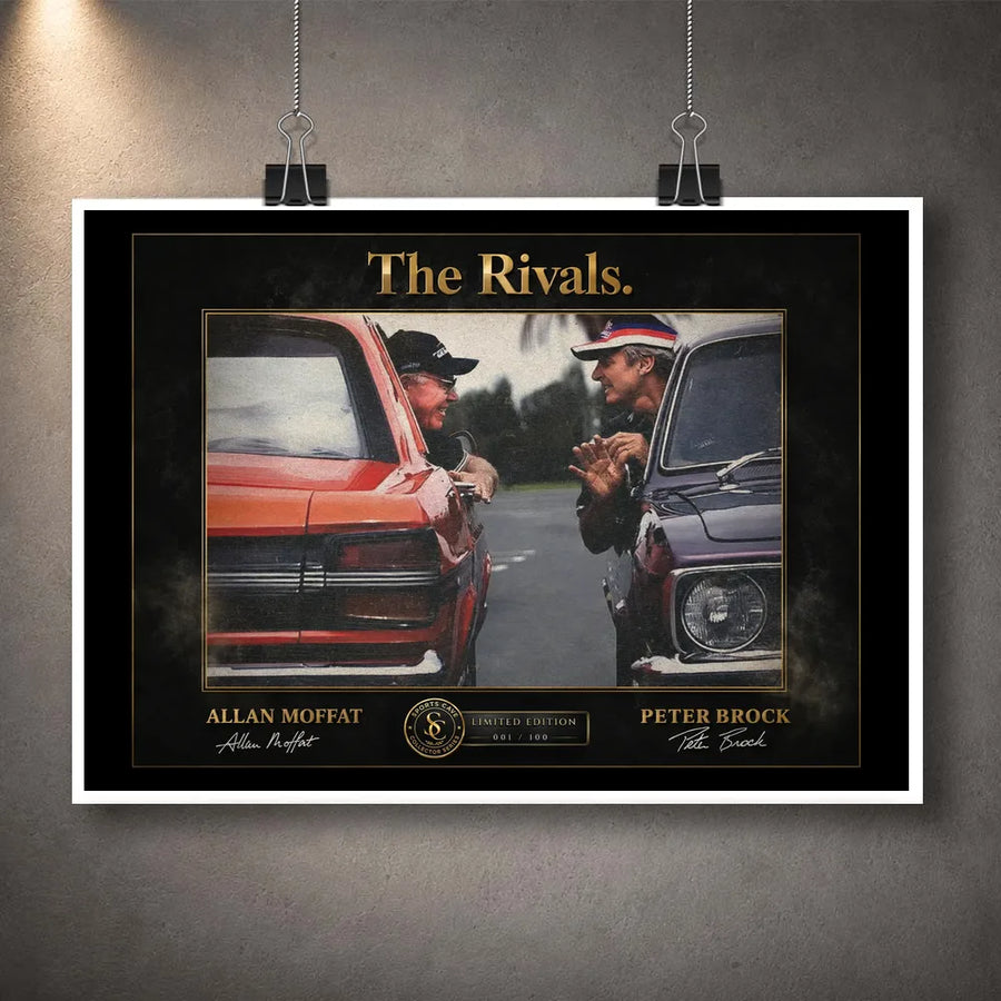 Motorsport rivalry wall art unframed print hanging with clips on a textured wall