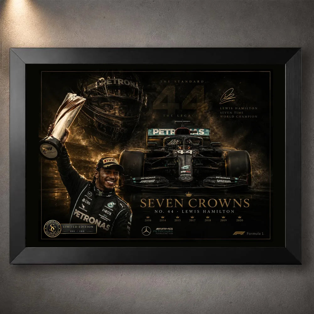Black framed Seven Crowns motorsport wall art featuring the No. 44 car, trophy lift and dark collector artwork.