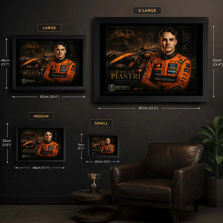 Framed motorsport wall art size guide showing small, medium, large and extra large frame dimensions.