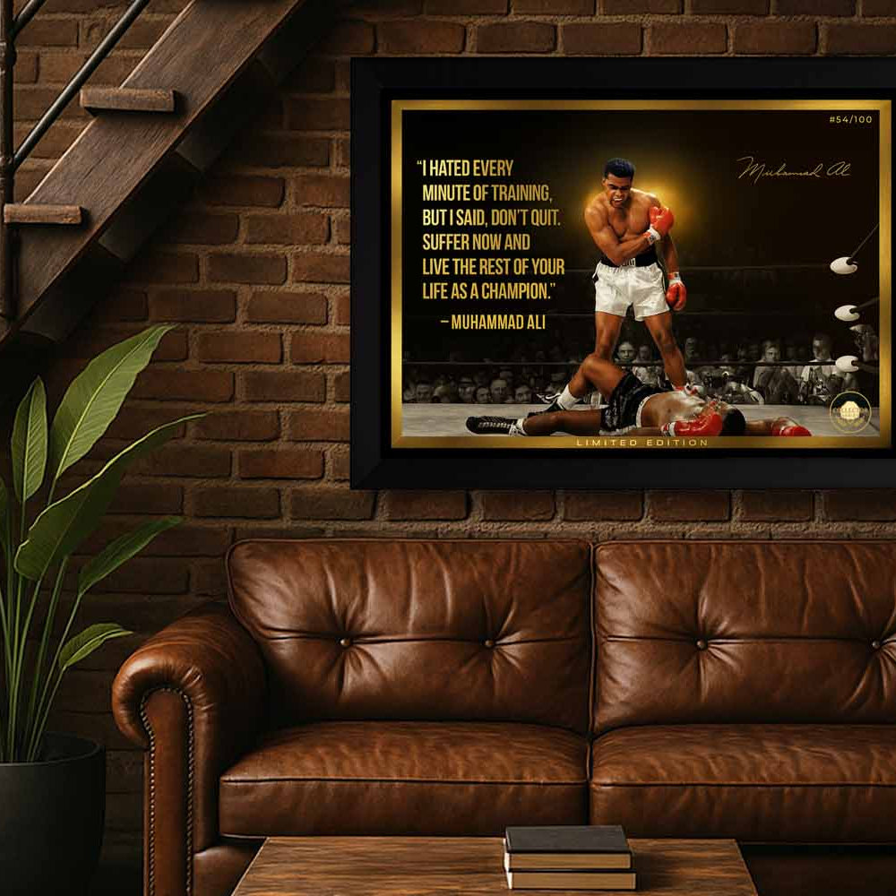 Muhammad Ali framed sports memorabilia displayed in a stylish man cave, showcasing a knockout moment from boxing history.