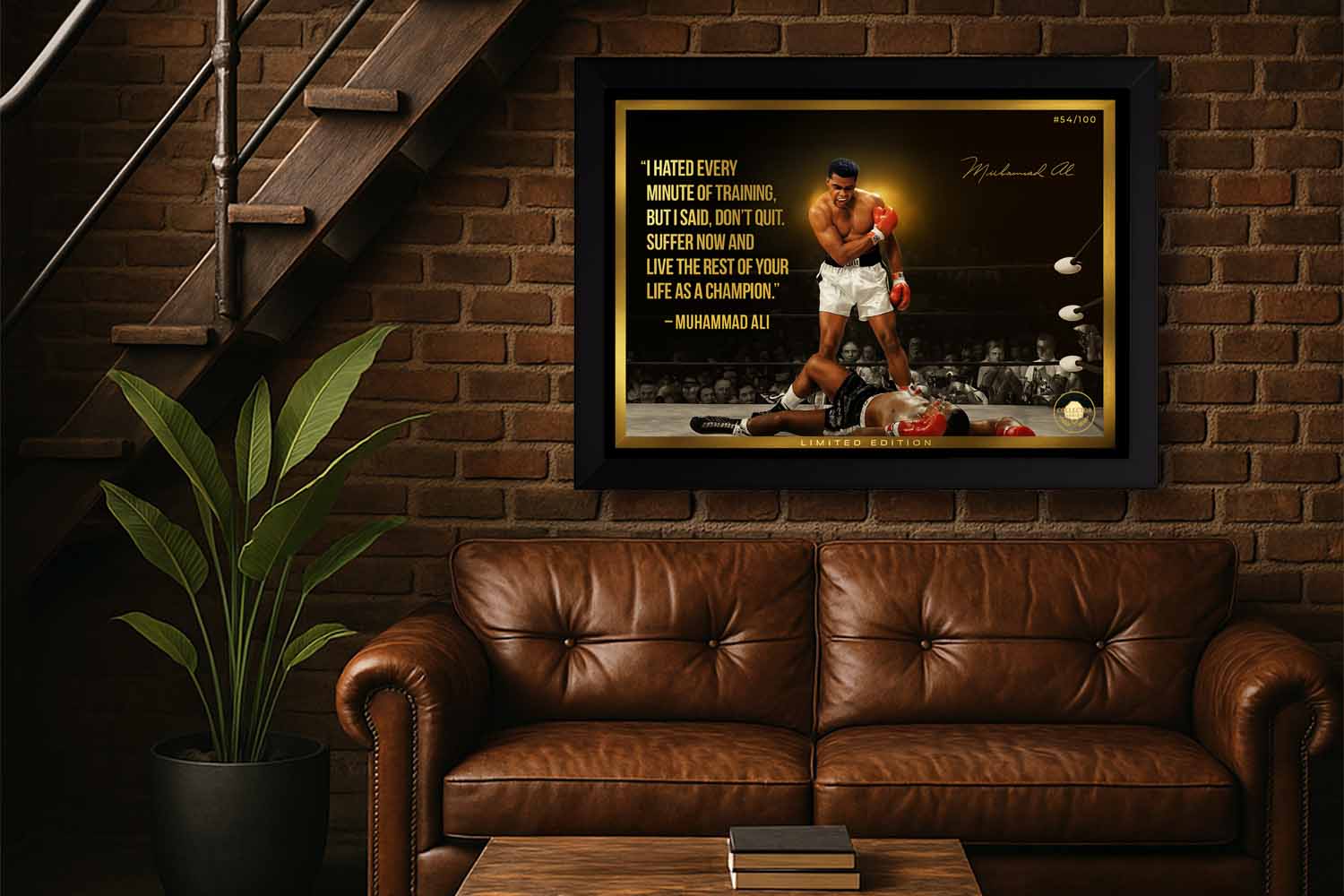 Muhammad Ali framed sports memorabilia displayed in a stylish man cave, showcasing a knockout moment from boxing history.