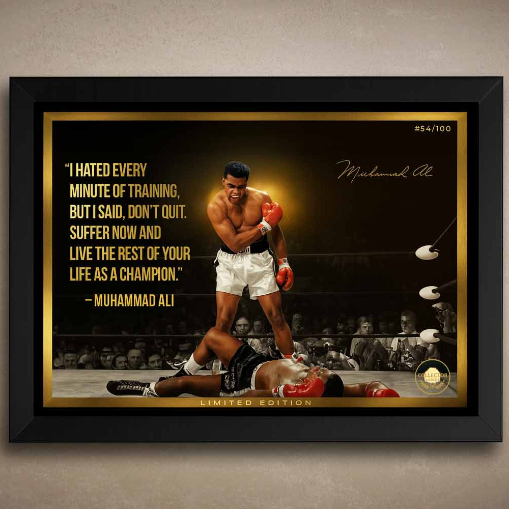 Muhammad Ali framed sports art featuring his iconic knockout moment and quote, perfect for man cave wall décor and collectors.