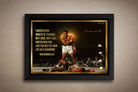 Muhammad Ali framed sports art featuring his iconic knockout moment and quote, perfect for man cave wall décor and collectors.