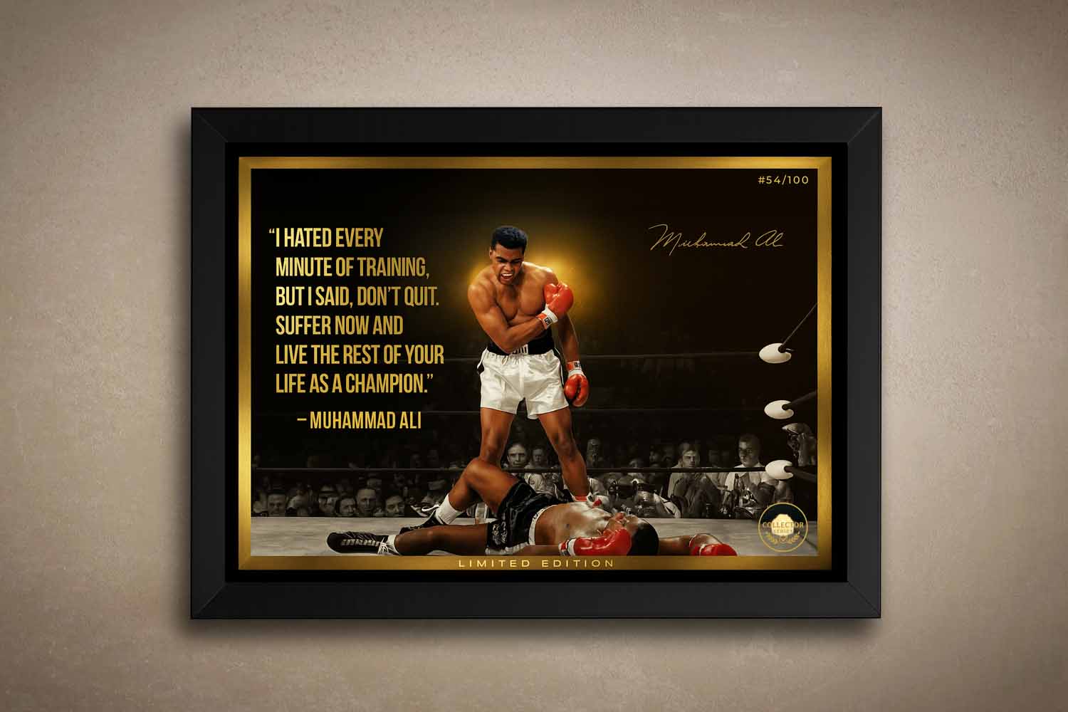 Muhammad Ali framed sports art featuring his iconic knockout moment and quote, perfect for man cave wall décor and collectors.