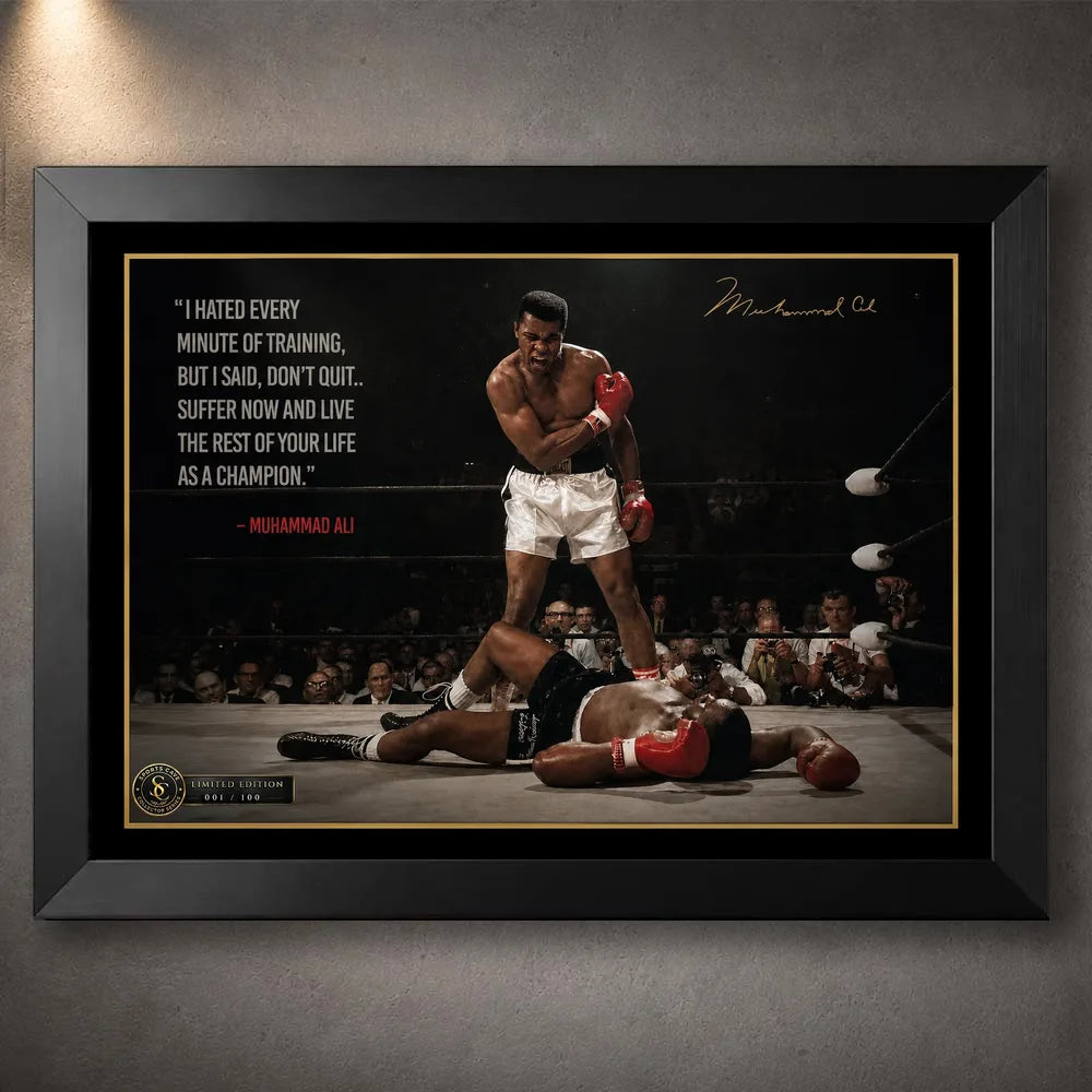 Muhammad Ali Live Like a Champion wall art in a black frame, featuring the iconic knockout scene and motivational quote.