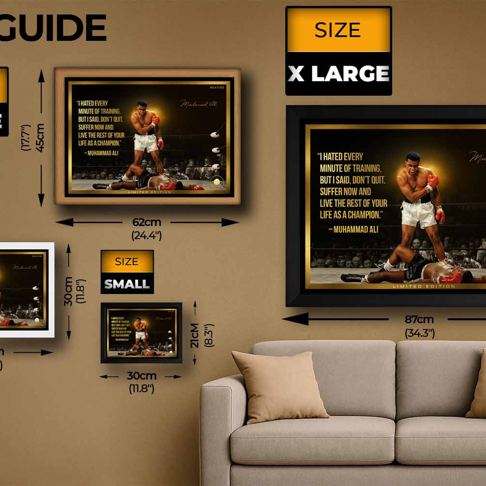 Size guide of Muhammad Ali limited edition framed sports art in black, oak, white, and unframed options for man cave wall décor.