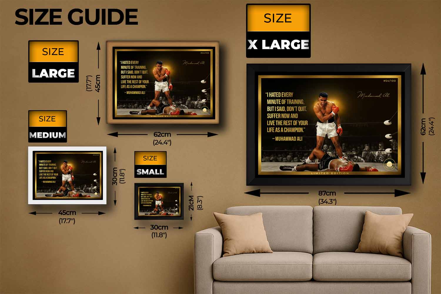 Size guide of Muhammad Ali limited edition framed sports art in black, oak, white, and unframed options for man cave wall décor.