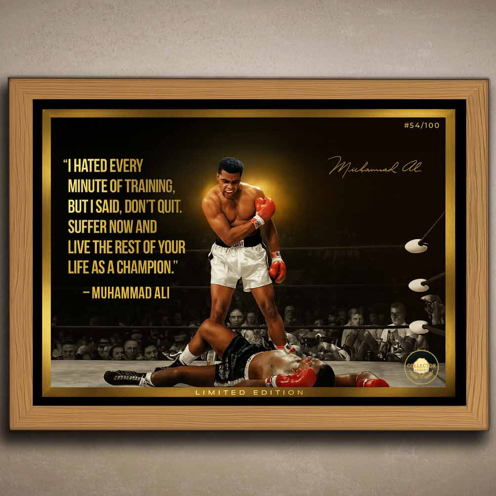 Premium oak-framed Muhammad Ali sports wall art capturing his career-defining knockout — perfect for fans of limited edition sports prints.