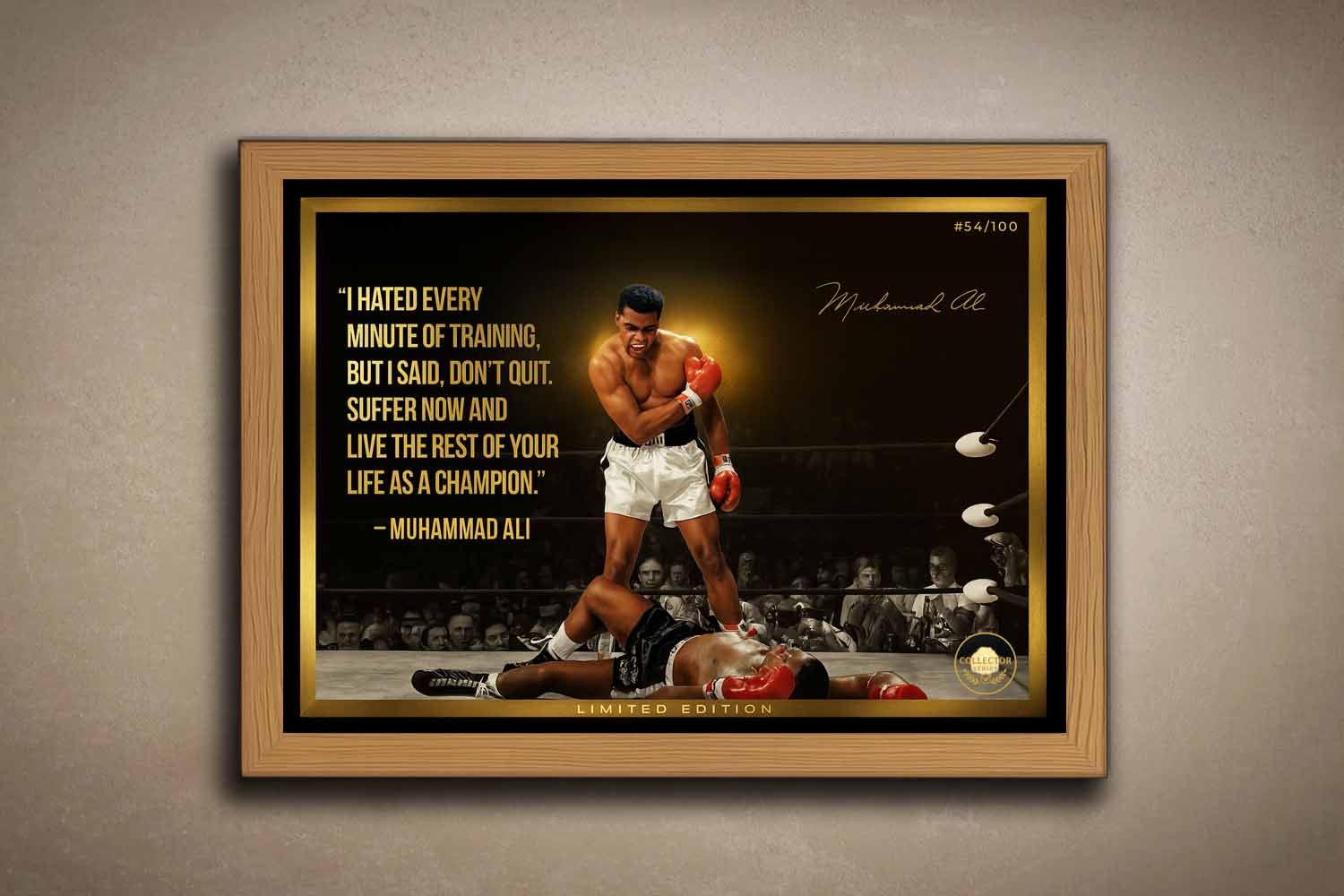 Premium oak-framed Muhammad Ali sports wall art capturing his career-defining knockout — perfect for fans of limited edition sports prints.