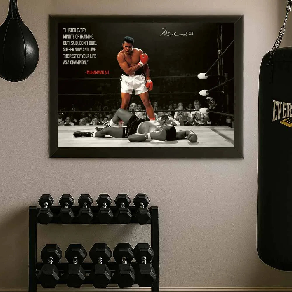 Muhammad Ali framed wall art gym — black frame by Sports Cave.