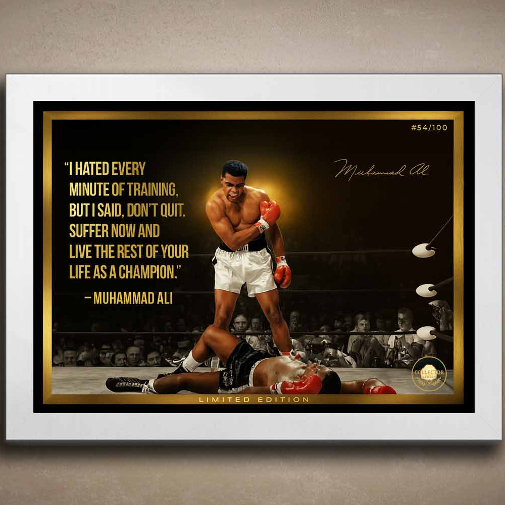 Limited edition Muhammad Ali wall art in a white frame, showcasing his legendary knockout moment — iconic framed sports memorabilia.