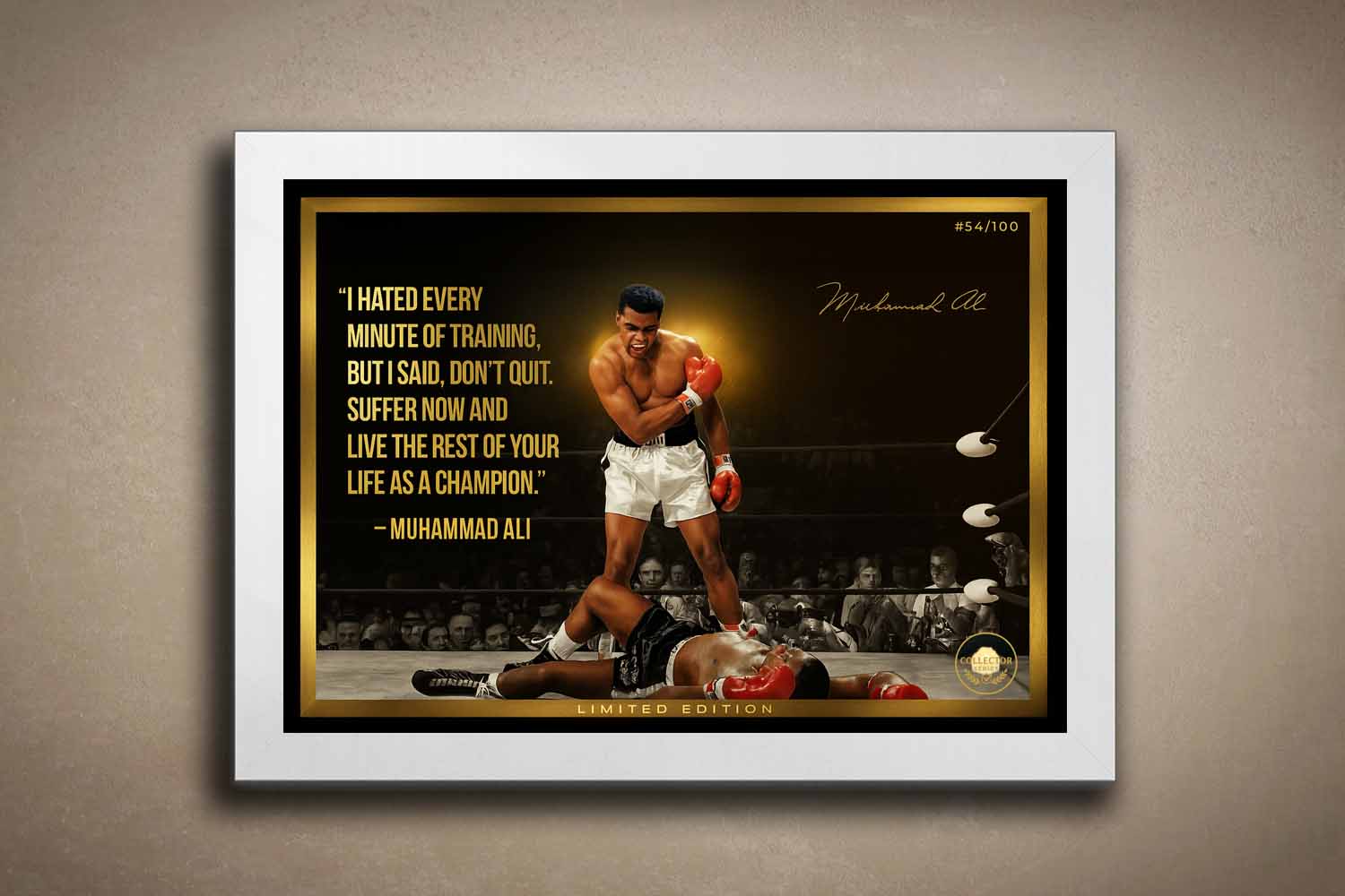 Limited edition Muhammad Ali wall art in a white frame, showcasing his legendary knockout moment — iconic framed sports memorabilia.