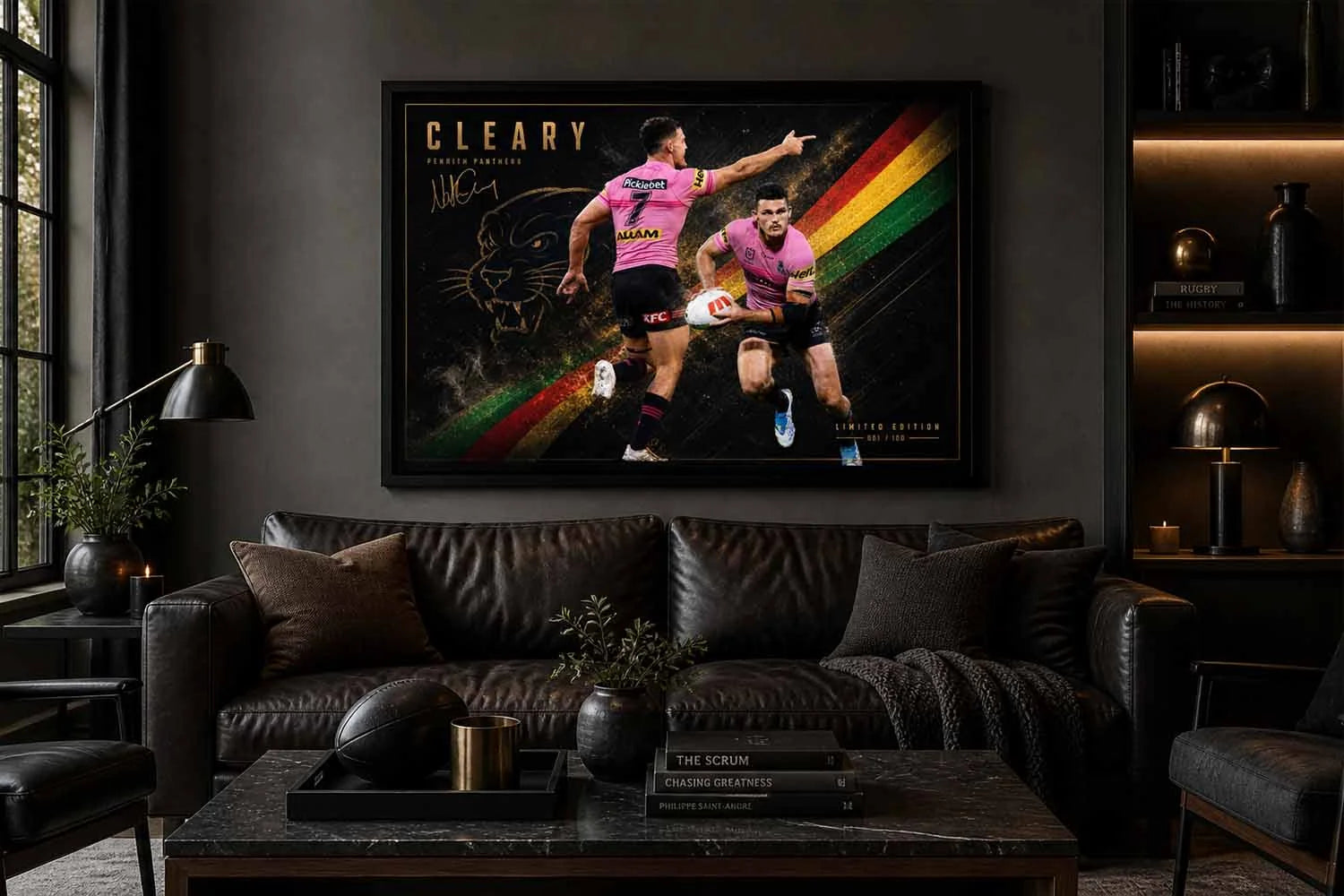 Nathan Cleary Penrith Panthers artwork displayed in modern man cave, dramatic rugby scene, man cave wall décor