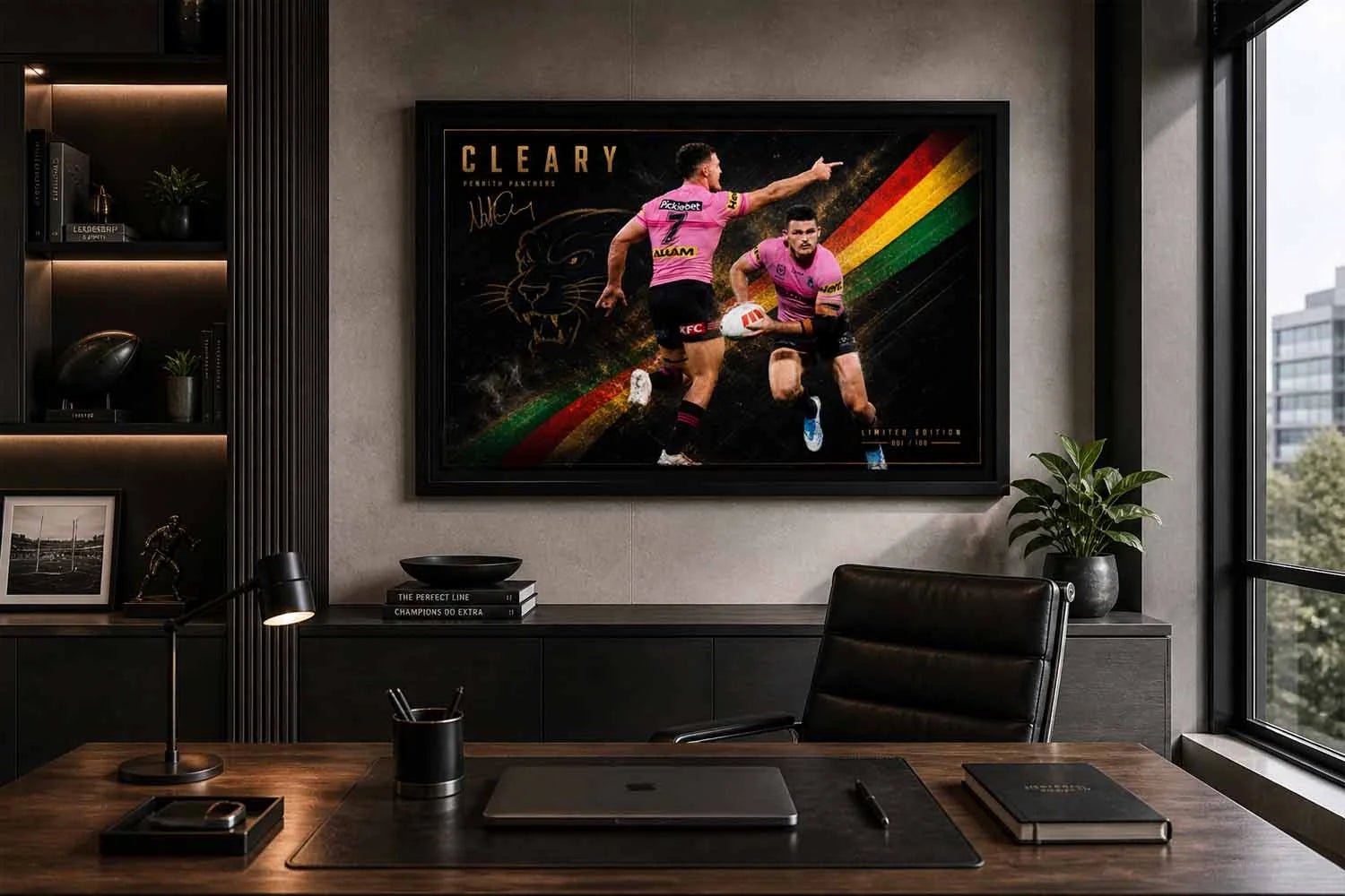 Nathan Cleary Penrith Panthers framed artwork in stylish office setting, rugby league design, framed sports art