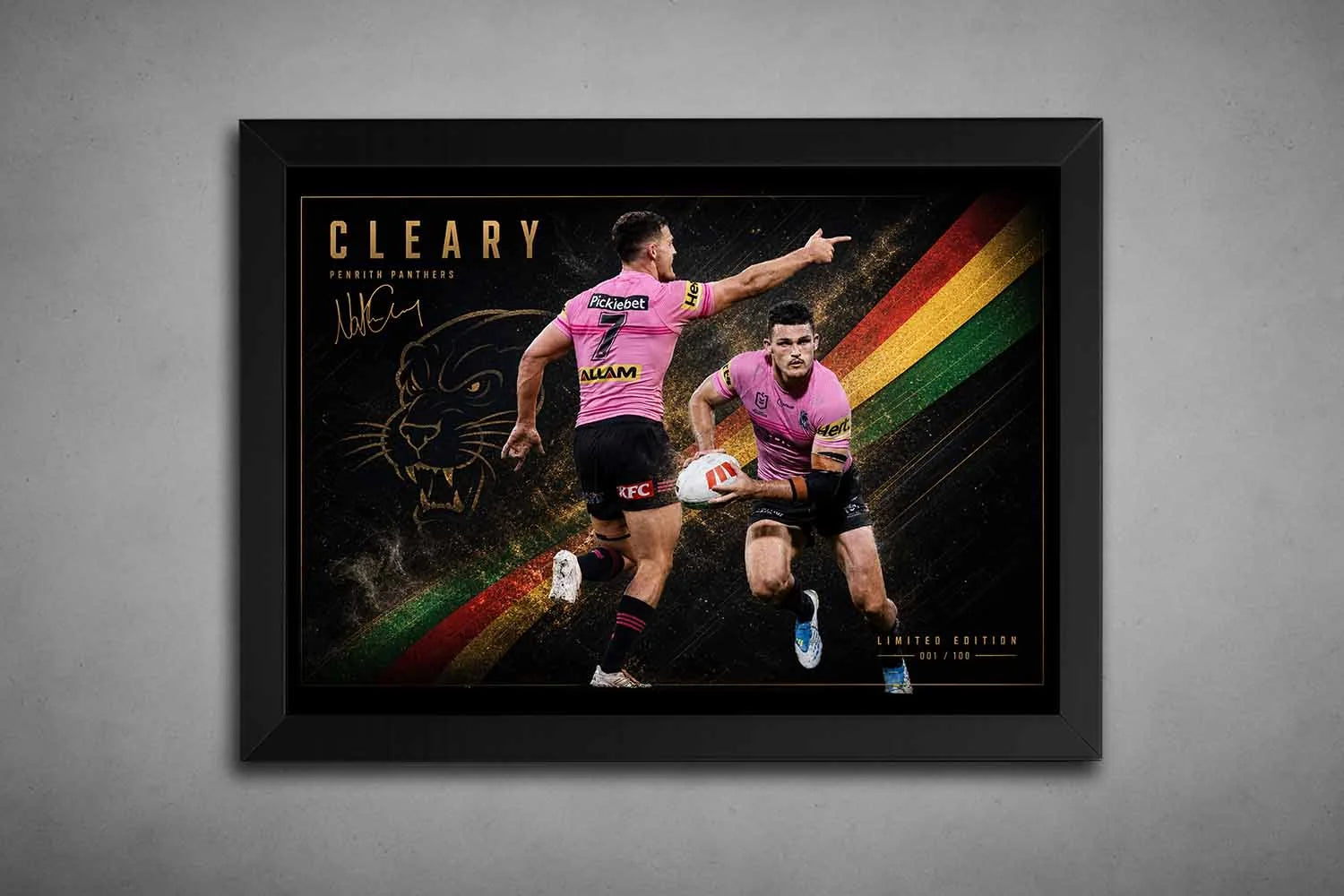 Nathan Cleary Penrith Panthers framed in sleek black frame, bold rugby league artwork, premium sports collectibles