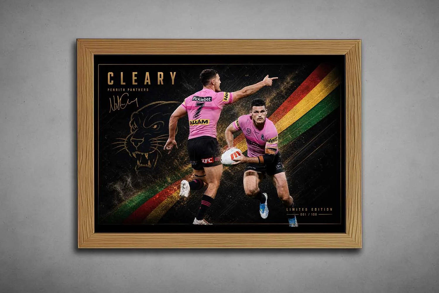 Nathan Cleary Penrith Panthers artwork in oak frame, vibrant rugby league composition, framed sports memorabilia