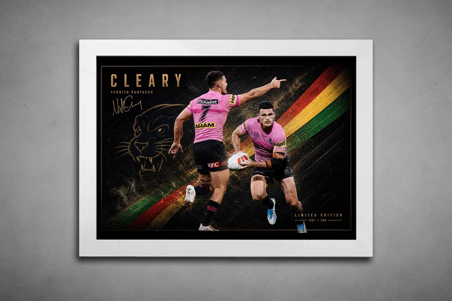 Nathan Cleary Penrith Panthers action artwork in white frame, dynamic rugby league scene, premium sports wall art