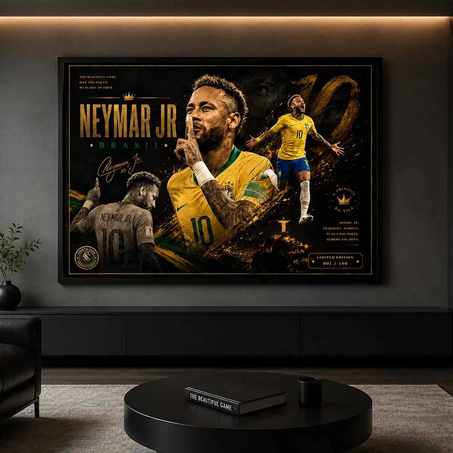 Neymar Jr Brazil framed sports art displayed in a modern man cave with dramatic lighting and sleek décor accents.