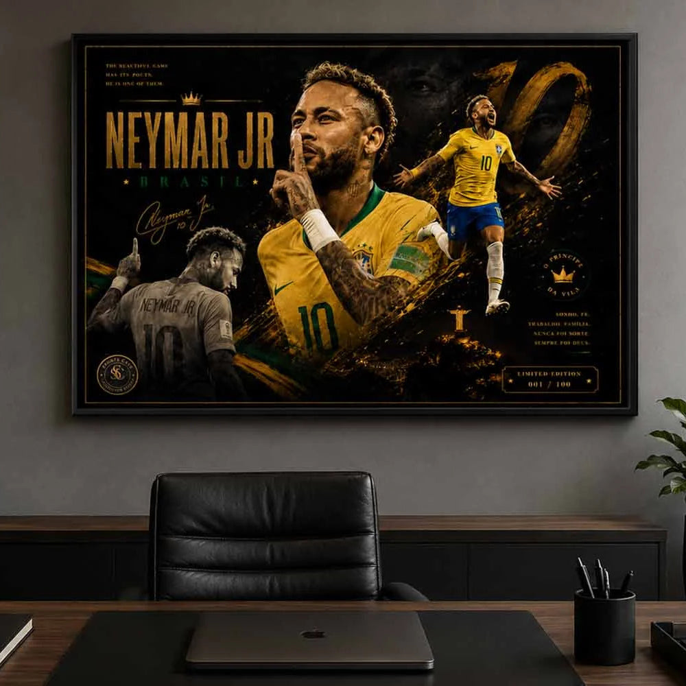 Neymar Jr Brazil sports wall art showcased in a luxury office space with modern furniture and elegant dark finishes.