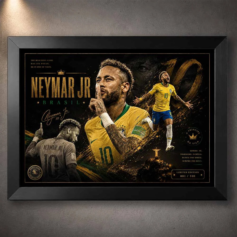 Black framed Neymar Jr Brazil artwork featuring iconic soccer moments as premium sports collectibles for fans.