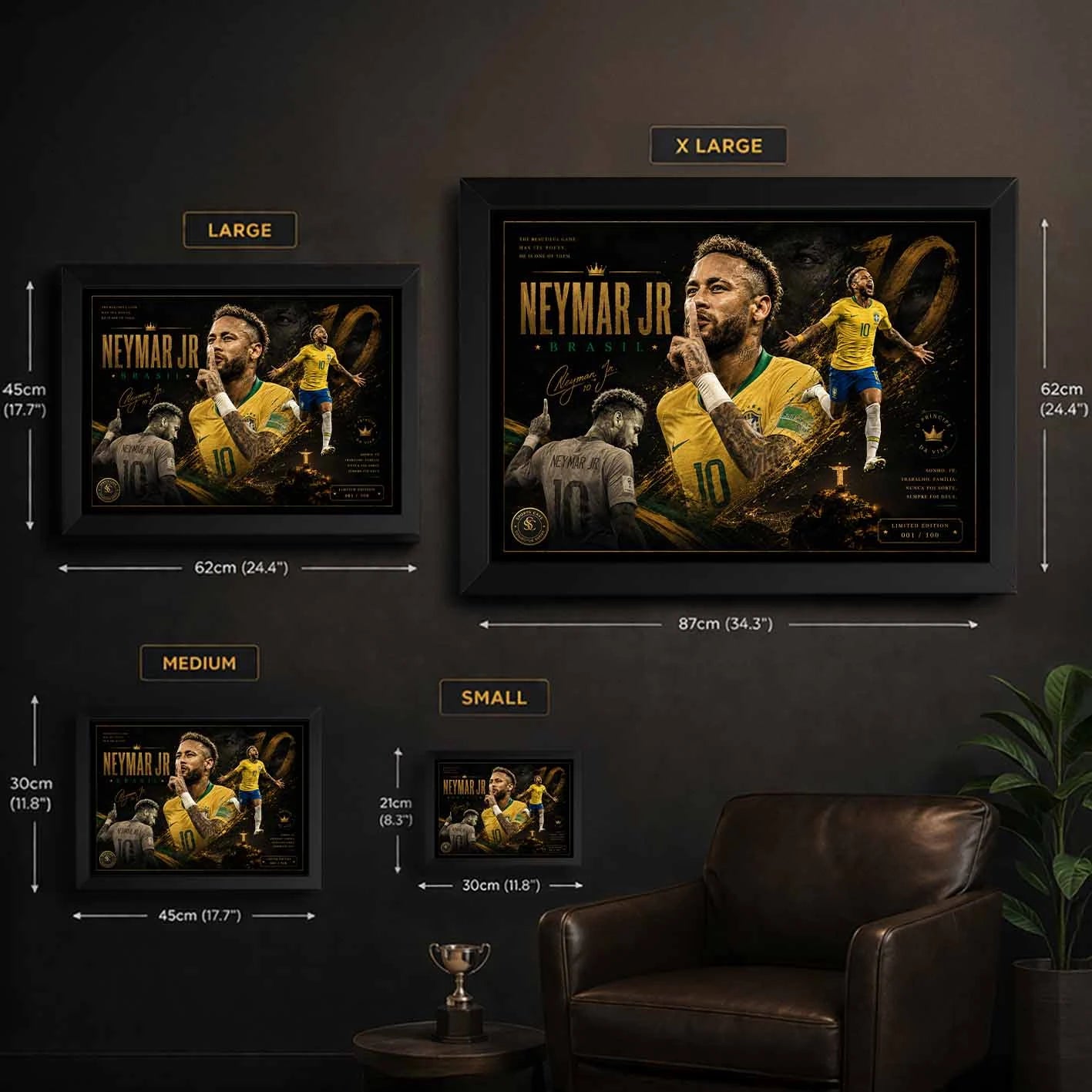 Neymar Jr soccer artwork size guide showing small, medium, large and XL framed print dimensions for home display.