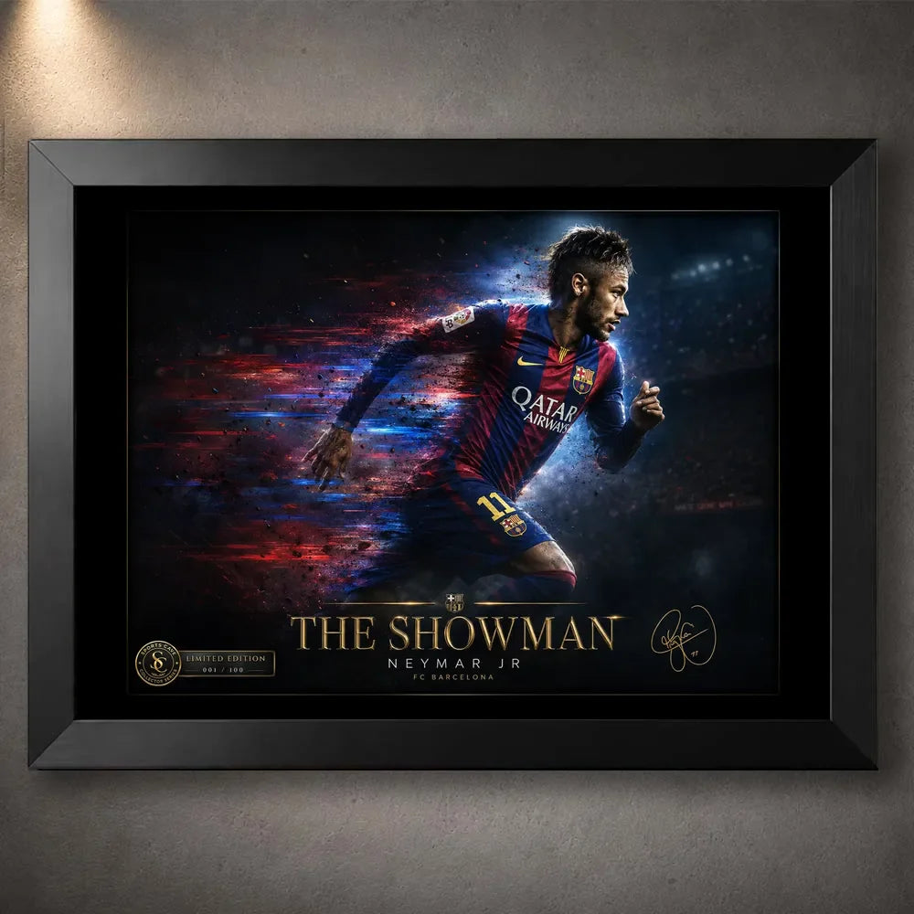 Neymar Jr Barcelona wall art in a black frame, showing the footballer running through red and blue motion trails.