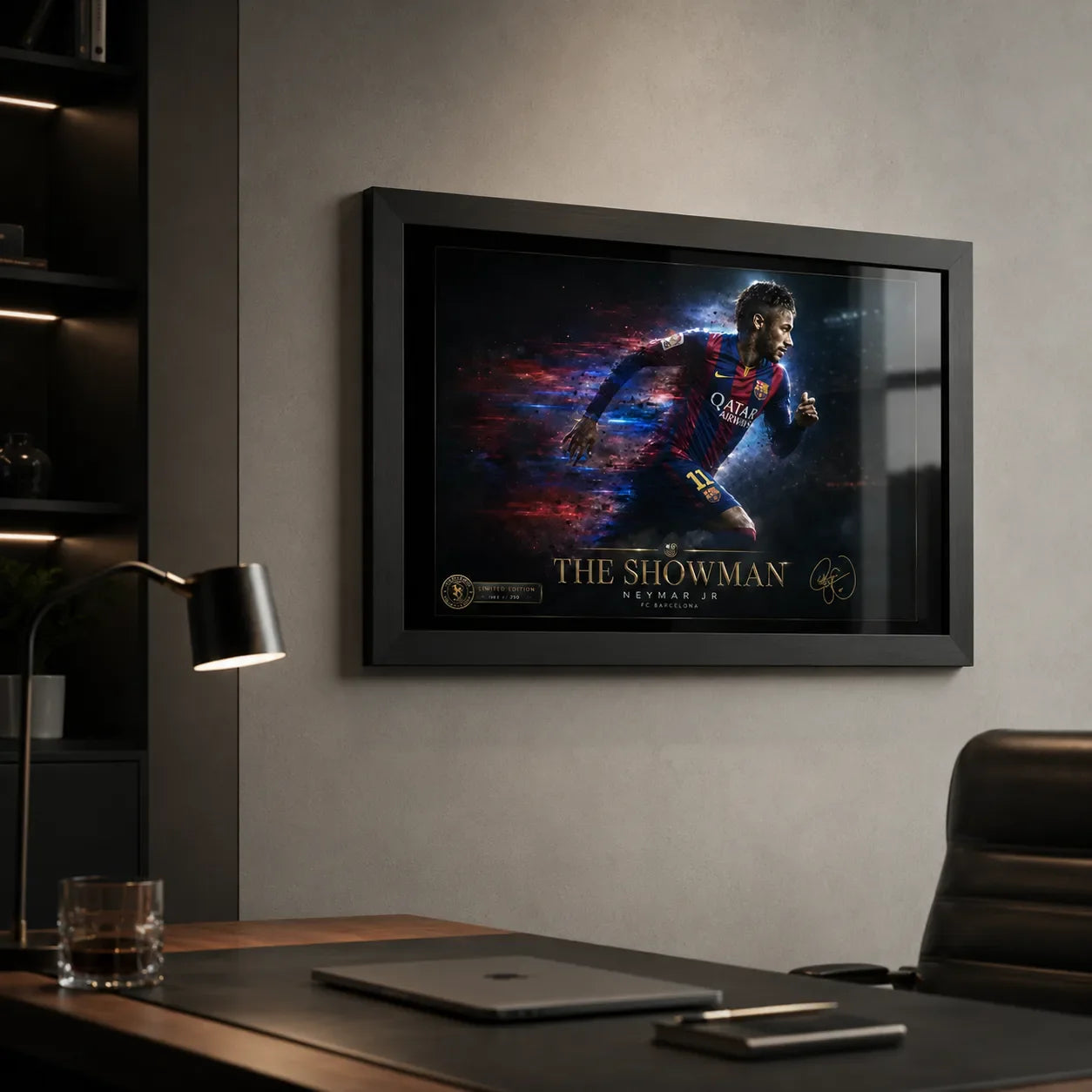 Black framed Neymar Jr Barcelona wall art displayed in a modern office above a desk with soft window reflections.
