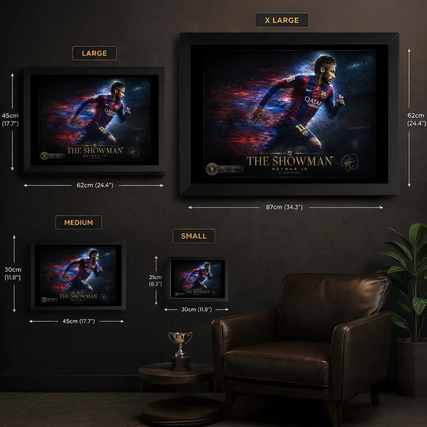 Neymar Jr Barcelona framed wall art size guide showing small, medium, large and XL frame dimensions.