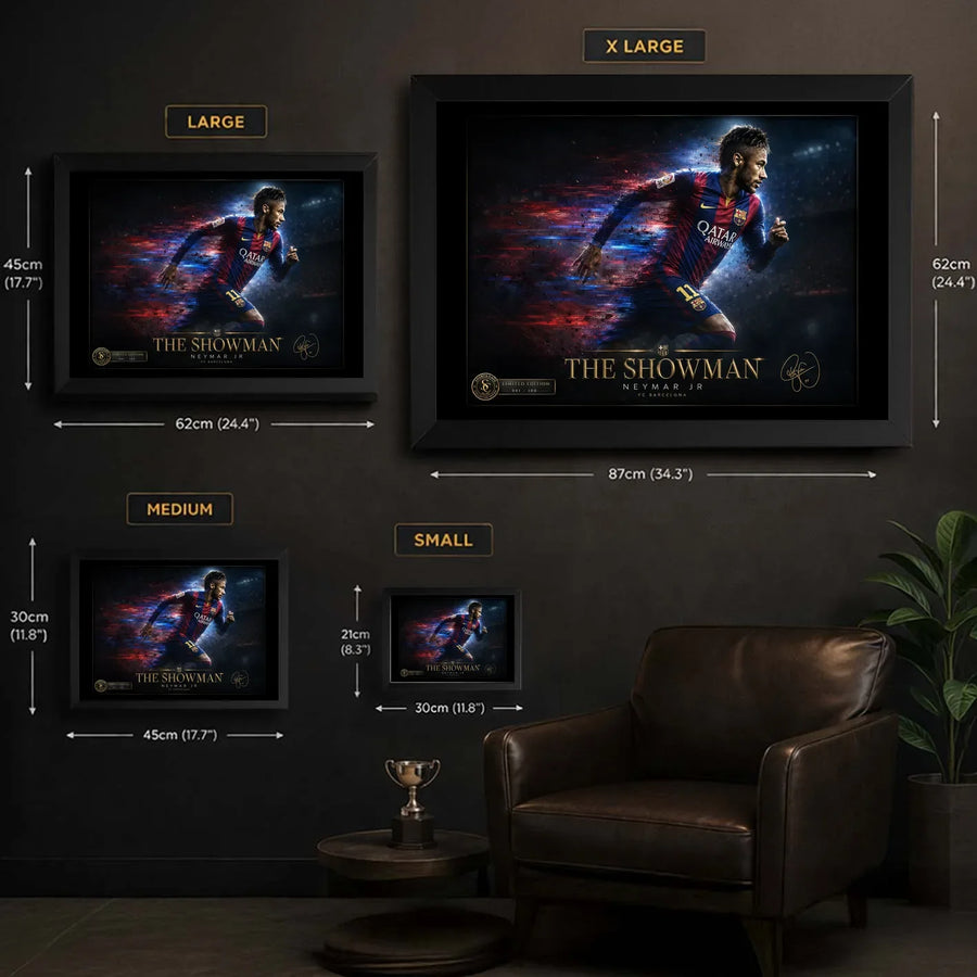 Neymar Jr Barcelona framed wall art size guide showing small, medium, large and XL frame dimensions.
