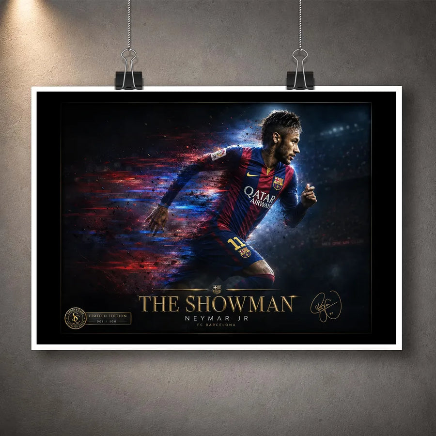 Unframed Neymar Jr Barcelona wall art print clipped on a wall, with a white border and dark football artwork.