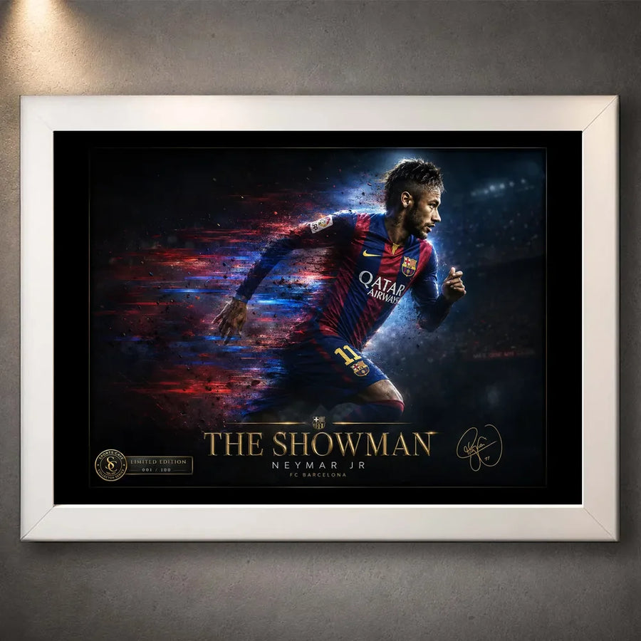 Neymar Jr Barcelona wall art shown in a white frame, featuring the footballer in motion against a dark scene.