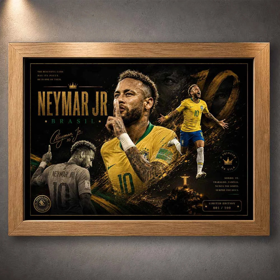 Oak framed Neymar Jr Brazil poster featuring legendary moments and detailed framed sports memorabilia styling.