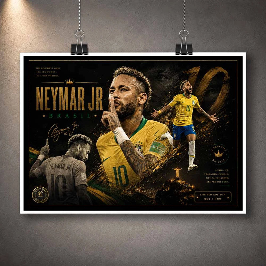 Unframed Neymar Jr Brazil print clipped for display with bold gold accents and premium sports collectibles appeal.