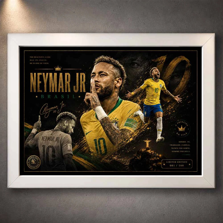 White framed Neymar Jr Brazil artwork with striking gold details designed as elegant man cave wall décor accents.