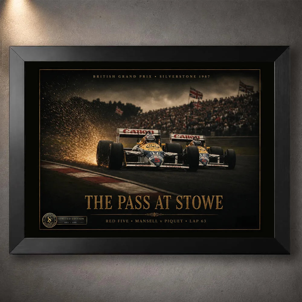 Black framed Nigel Mansell Red Five motorsport wall art, limited edition racing print.
