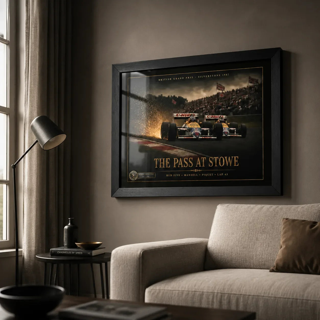 Nigel Mansell Red Five framed motorsport wall art styled in a premium living room.