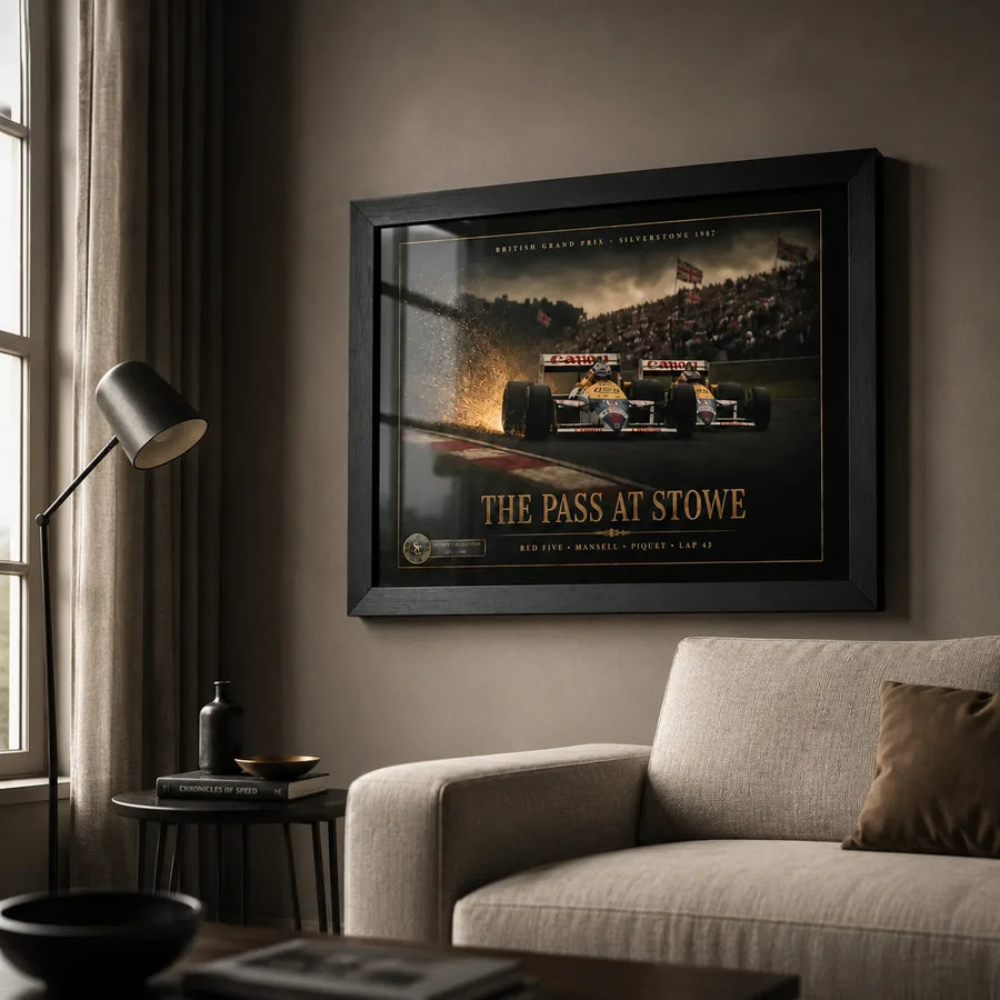 Nigel Mansell Red Five framed motorsport wall art styled in a premium living room.